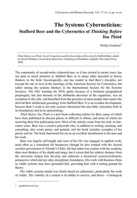 (PDF) The Systems Cybernetician: Stafford Beer and the Cybernetics of ...