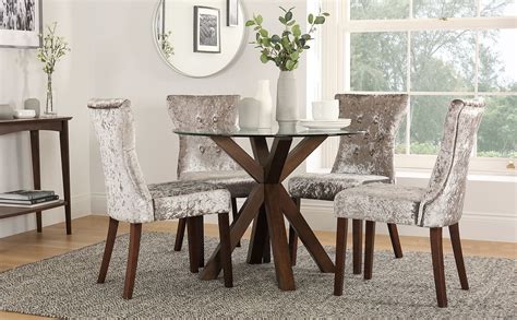 Hatton Round Dark Wood And Glass Dining Table With 4 Bewley Silver