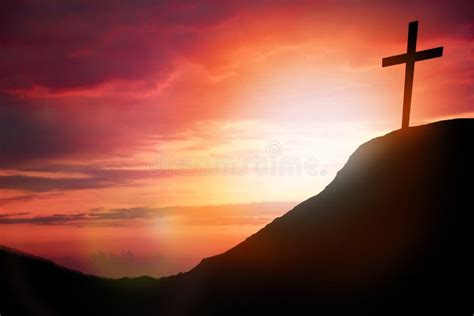 Silhouette Cross On Calvary Mountain Sunset Background. Easter Concept ...