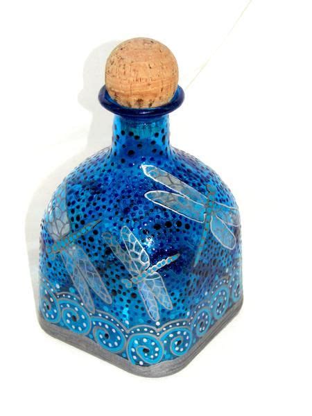 Silver Dragonfly Bottle Art On Glass Hand Painted Decanter Patron Blue