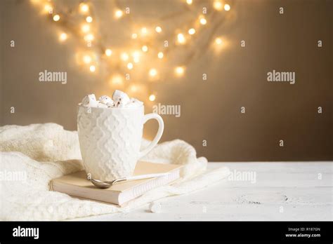 Hot Chocolate With Marshmallows In White Mug Copy Space Hot Cocoa Drink For Christmas And