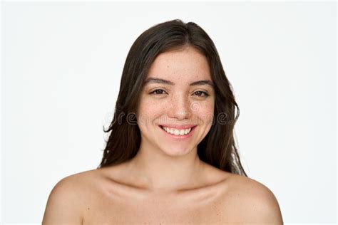 Happy Pretty Brunette Girl With Freckles Face Beauty Portrait Isolated On White Stock Image