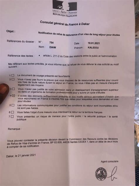 Consulat Générale de France à Dakar refus de visa étudiant pour