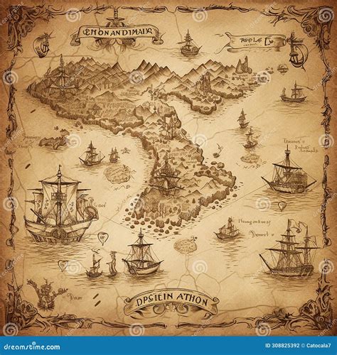 Vintage Retro Pirate Treasure Map, Dark Paper with Mysterious Drawings ...