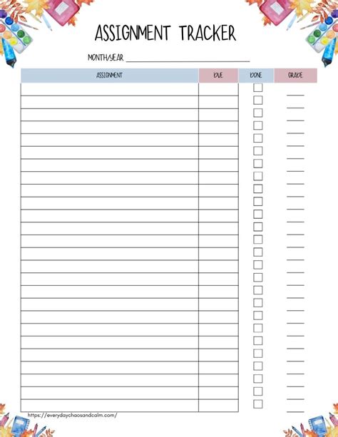 Free Printable Assignment Trackers For Students