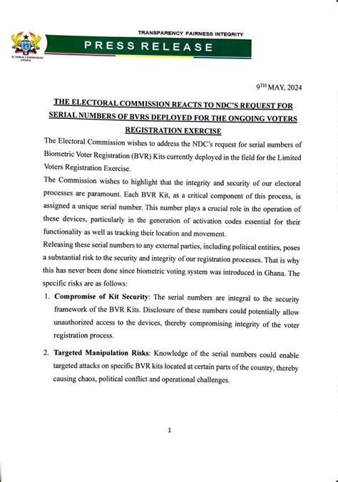 The Electoral Commission Reacts To Ndcs Request For Serial Numbers Of