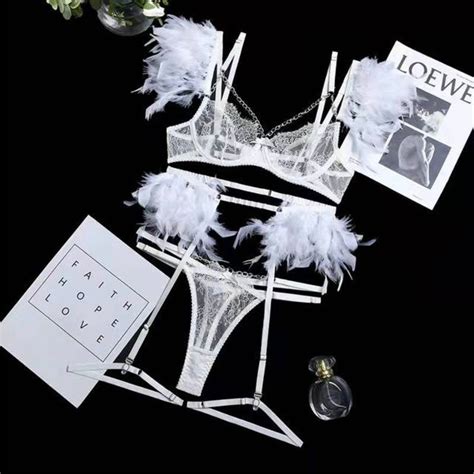 Feather Lace 3 Piece Lingerie Set With Silver Chain White Etsy