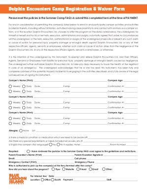 Fillable Online Dolphin Encounters Camp Registration Waiver Form Fax