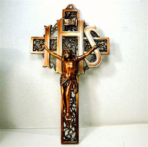 Heavy Coppertone Metal Wall Crucifix Traditional Inri Ihs Christian