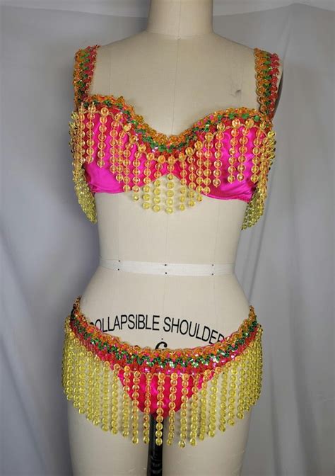 Vintage Neon Pink Bikini Costume Beaded Fringe Showgi Gem