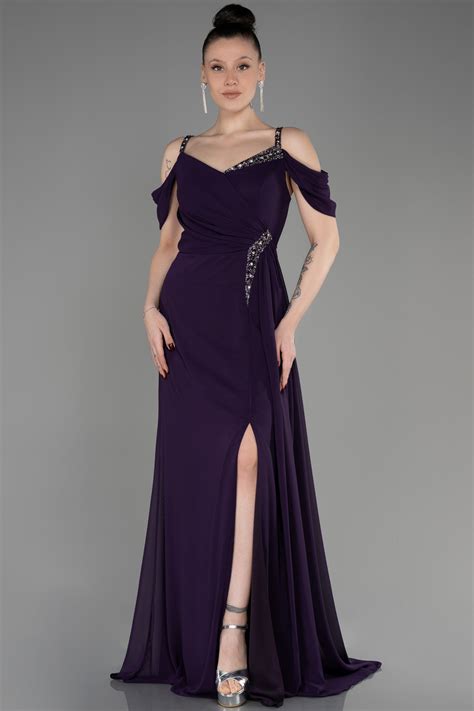 Long Dark Purple Chiffon Plus Size Evening Gown Abu3742