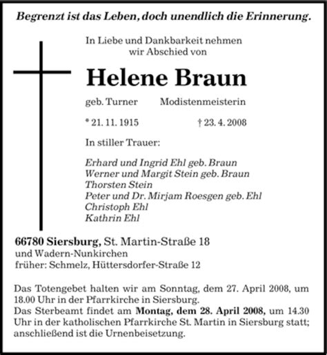 Traueranzeigen Von Helene Braun Saarbruecker Zeitung Trauer De