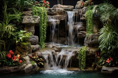 Natural Outdoor fountain waterfall stone. Generate Ai