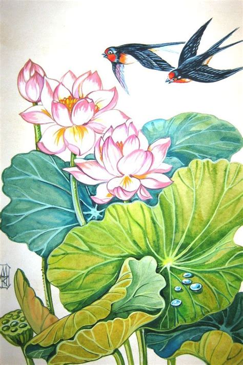 Коршунова Марина - ласточки и лотосы | Flower art painting, Lotus ...