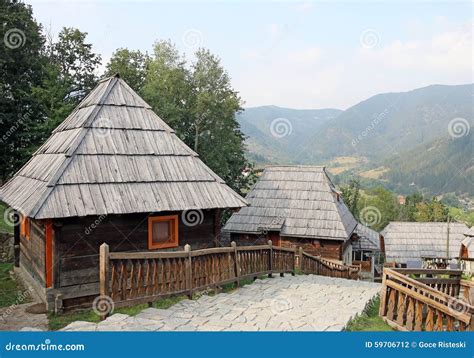 Village with Wooden Cabin Log Stock Photo - Image of village, wood ...