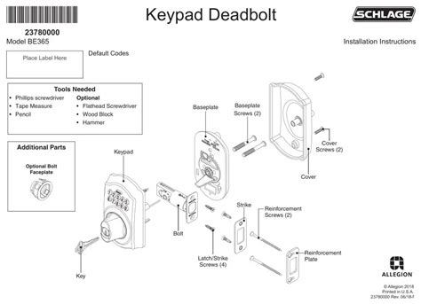 Schlage Keypad Deadbolt BE365 Manual - ItsManual