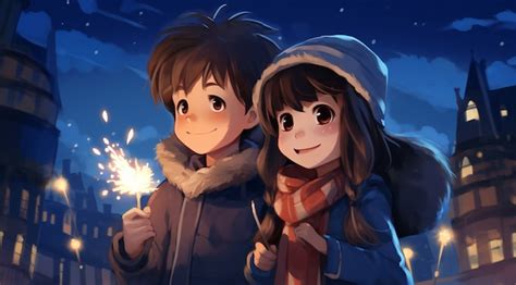 Free AI Image | Beautiful anime couple on new year's eve