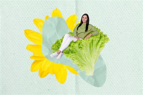 Collage Portrait Of Mini Cheerful Girl Sit Huge Fresh Lettuce Leaves