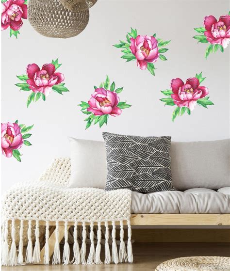 Flowering Pink Peonies Wall Decal 12 Sticker Set Floral Etsy