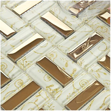 White And Gold Glass Tiles Backsplash Etsy Stainless Steel Tile