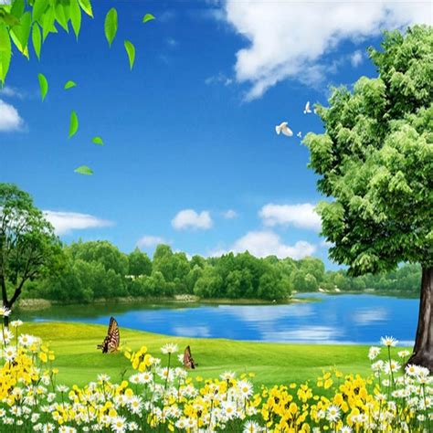 Custom 3d Photo Wallpaper Blue Sky White Clouds Meadow Lake Water Tree