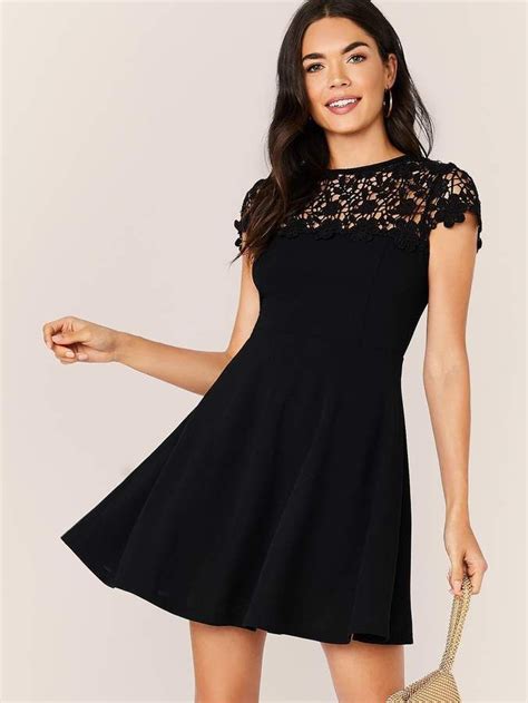 SHEIN Guipure Lace Yoke Fit Flare Dress Flare Dress Fit Flare