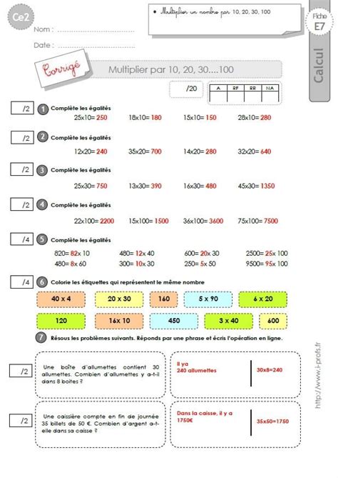 CE2 EVALUATION corrigés multiplier par 10 20 30 100 Calcul