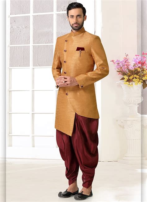 Shop Gold Art Silk Indowestern Sherwani Wedding Wear Online At Best