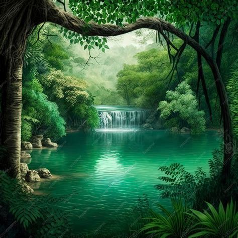 Premium AI Image | A waterfall in a jungle with a waterfall