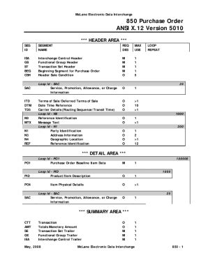 Fillable Online 850 Purchase Order ANSI X 12 Version 5010 Fax Email