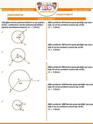 7 Sınıf Matematik Çember ve Daire 2 Çalışma Kağıdı Derslig