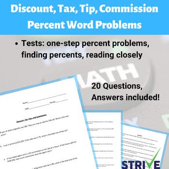 Discount Tax Tips Commission Word Problems Algebra Worksheet For