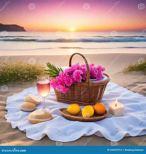 Romantic Picnic at Sea Beach with a Glass of Stock Illustration ...