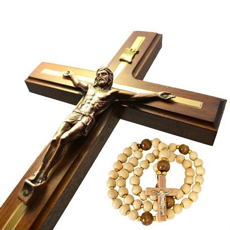 Handmade Wall Cross 12 With Rosary Wooden Catholic Crucifix Hanging Jesus