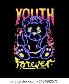 Youth Forever Calligraphy Slogan Bear Doll Stock Vector Royalty Free