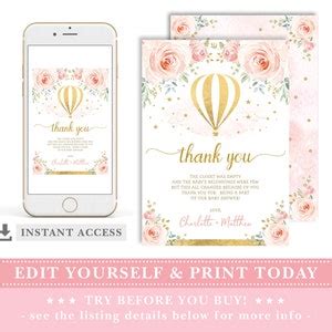EDITABLE Hot Air Balloon Thank You Card Blush Pink Gold Floral Adventure Baby Shower Printable