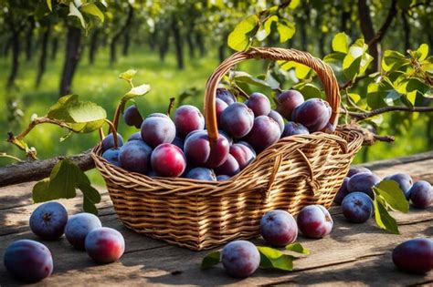 Premium Photo A Basket Of Plums With A Branch That Has A Leaf Hanging