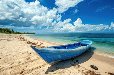 Blue Wooden Boat On The Sandy Beach Of An Island Tropical Sea Clear Sky