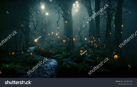 Realistic Haunted Forest Creepy Landscape Night Stock Illustration ...