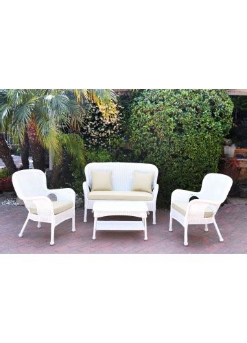 4pc Windsor White Wicker Conversation Set Ivory Cushions