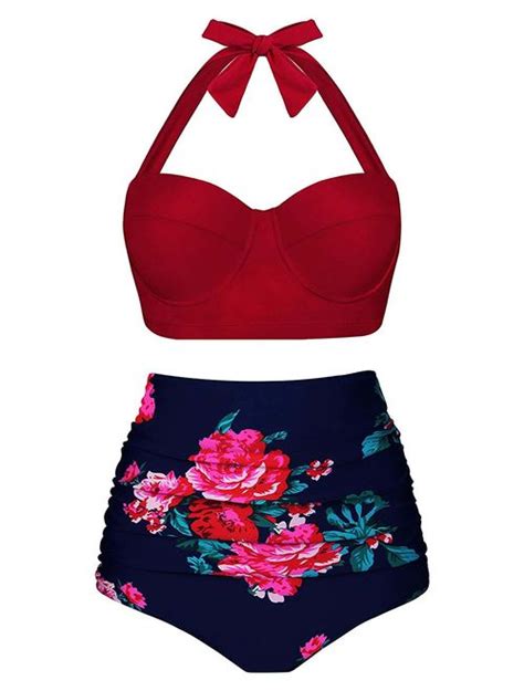 Buy Womens Vintage Underwire High Waisted Bathing Suits Backless Bikini Red Flower Print