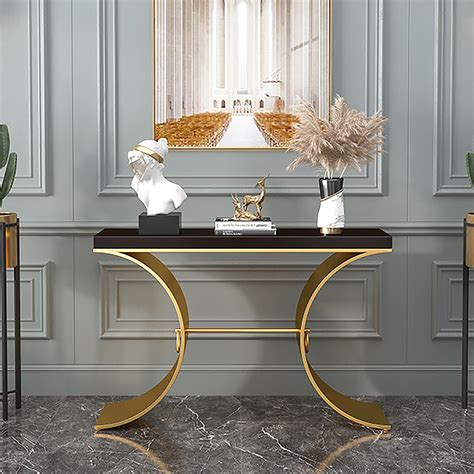 472 Black Modern Narrow Console Table With Wood Top And Brass Pedestal Entryway Furniture