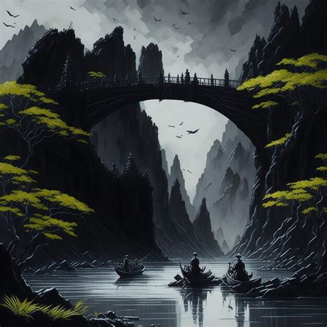 Premium AI Image | A painting of a bridge over a river with a boat in ...