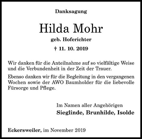 Traueranzeigen Von Hilda Mohr Rz Trauer De