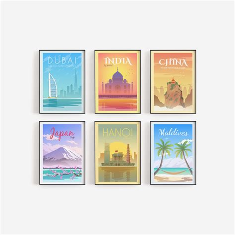 Set Of 6 Travel Posters Gallery Wall Art Dorm Wall Art Office Wall