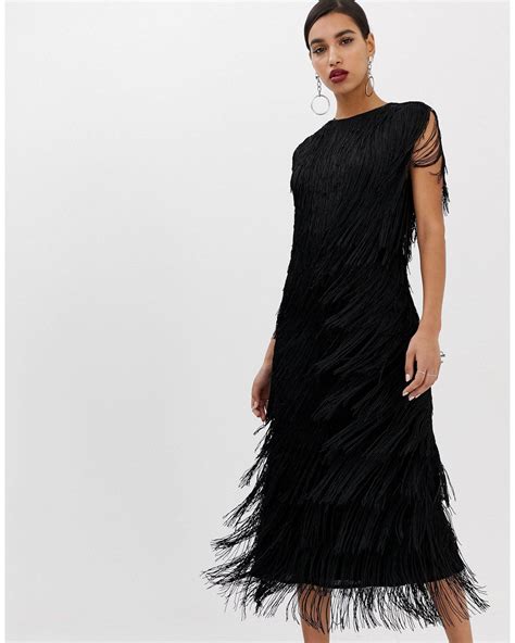 Asos Fringe Column Midi Dress In Black Lyst