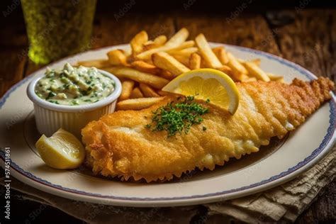 British Traditional Fish And Chips With Mashed Peas Tartar Sauce With