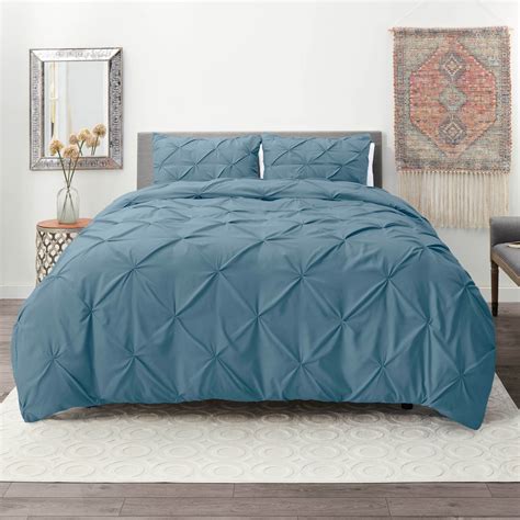 Nestl King Size Pinch Pleat Pintuck Duvet Set Button Closure With Shams Blue Heaven