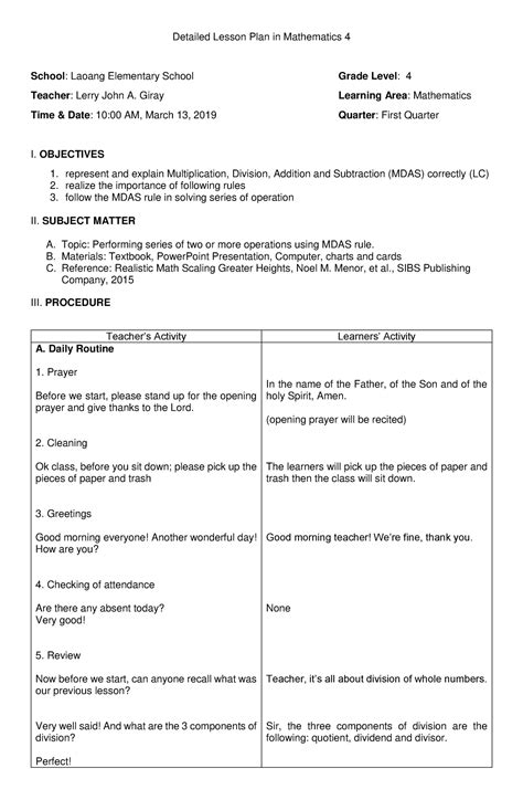 Sample Lesson Plan For Wgu In 4th Grade Math