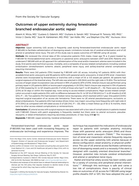 Pdf Outcomes Of Upper Extremity Access During Fenestrated Branched Endovascular Aortic Repair